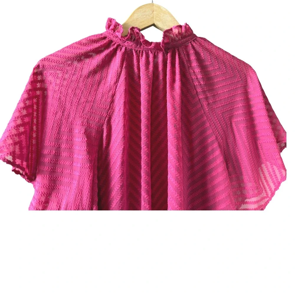 Liz Claiborne Fushia Chevron Ruffle Neck Flutter Sleeve Sheer Blouse XL - Picture 7 of 11